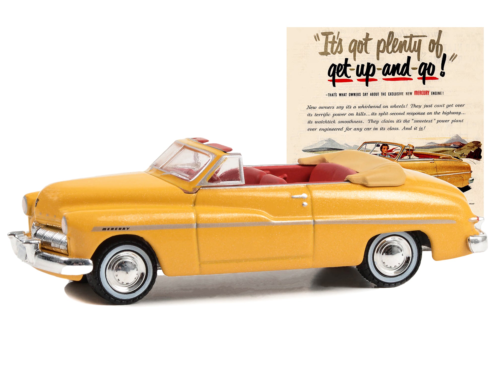 1949 Mercury Eight Convertible Yellow Metallic with Red Interior "It’s Got Plenty Of Get-Up-And-Go!" "Vintage Ad Cars" Series 9 1/64 Diecast Model Car by Greenlight