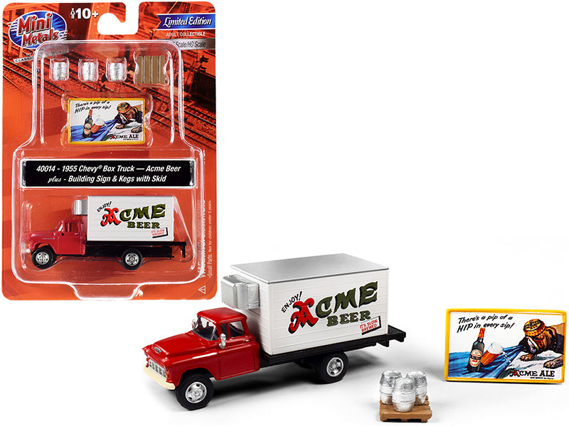 1955 Chevrolet Box Truck Red and White with Building Sign and 3 Beer Kegs with Skid "Acme Beer" 1/87 (HO) Scale Models by Classic Metal Works