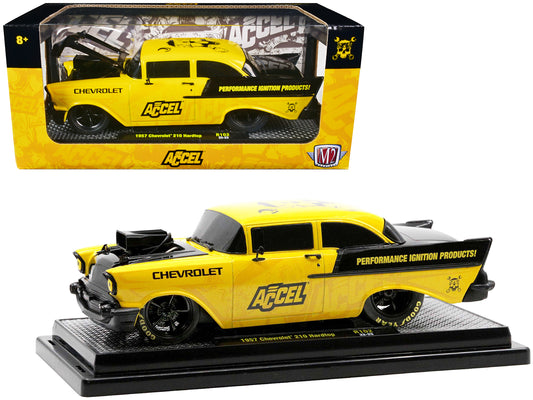 1957 Chevrolet 210 Hardtop Yellow and Black with Graphics "Accel" Limited Edition to 2650 pieces Worldwide 1/24 Diecast Model Car by M2 Machines