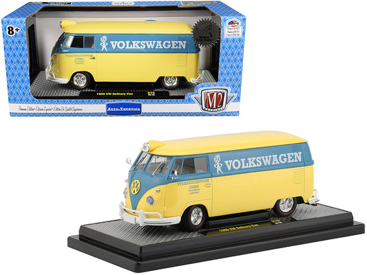 1960 Volkswagen Delivery Van Yukon Yellow Dove with Blue Stripe "Volkswagenwerk GMBH" Limited Edition to 5880 pieces Worldwide 1/24 Diecast Model by M2 Machines