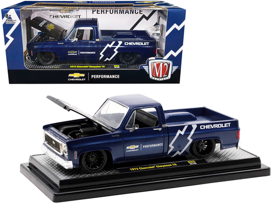 1973 Chevrolet Cheyenne 10 Pickup Truck Dark Blue Metallic with Black Hood "Chevrolet Performance" Limited Edition to 9600 pieces Worldwide 1/24 Diecast Model Car by M2 Machines