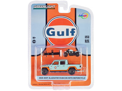 2020 Jeep Gladiator Rubicon Pickup Truck Light Blue with Orange Stripes "Gulf Oil" with Motorcycle and Hitch Rack 1/64 Diecast Model Car by Greenlight