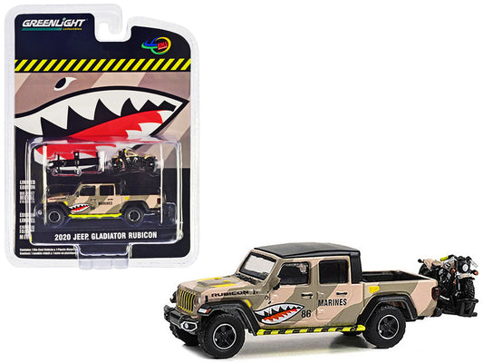 2020 Jeep Gladiator Rubicon Pickup Truck Desert Camouflage "Marines - Shark Mouth Livery" with Motorcycle and Hitch Rack 1/64 Diecast Model Car by Greenlight