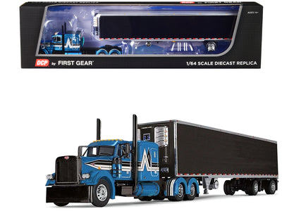 Peterbilt 379 with 63" Flat Top Sleeper and 53' Refrigerated Ribbed Sided Spread-Axle Trailer Blue and Black 1/64 Diecast Model by DCP/First Gear
