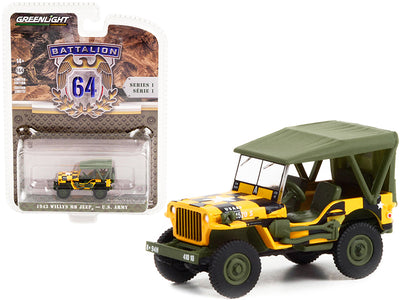 1943 Willys MB Jeep Yellow and Black with Green Top "Follow Me" U.S. Army "Battalion 64" Release 1 1/64 Diecast Model Car by Greenlight