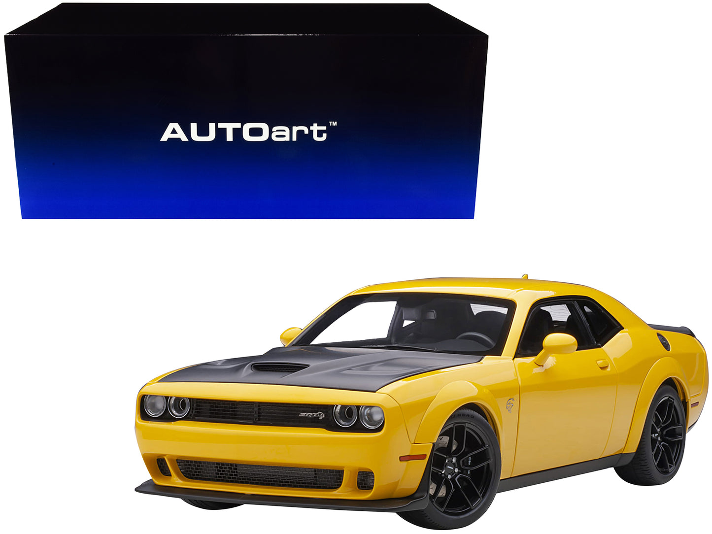 Dodge Challenger SRT Hellcat Widebody Yellow Jacket with Satin Black Hood 1/18 Model Car by Autoart