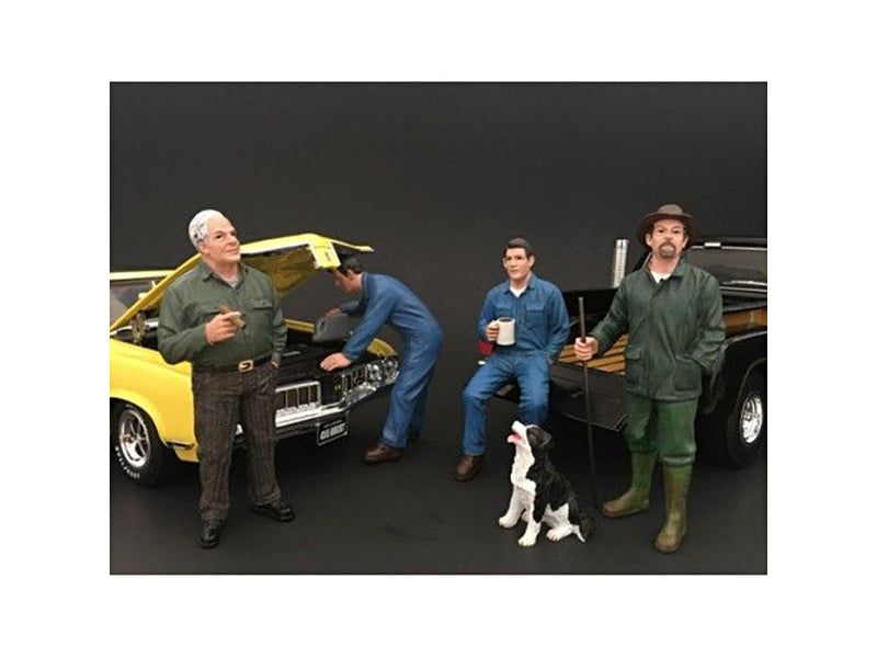 Mechanics and Customer and a Dog 5 piece Figurine Set for 1/18 Scale Models by American Diorama