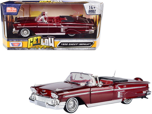 1958 Chevrolet Impala Convertible Lowrider Dark Red Metallic with Red Interior "Get Low" Series 1/24 Diecast Model Car by Motormax