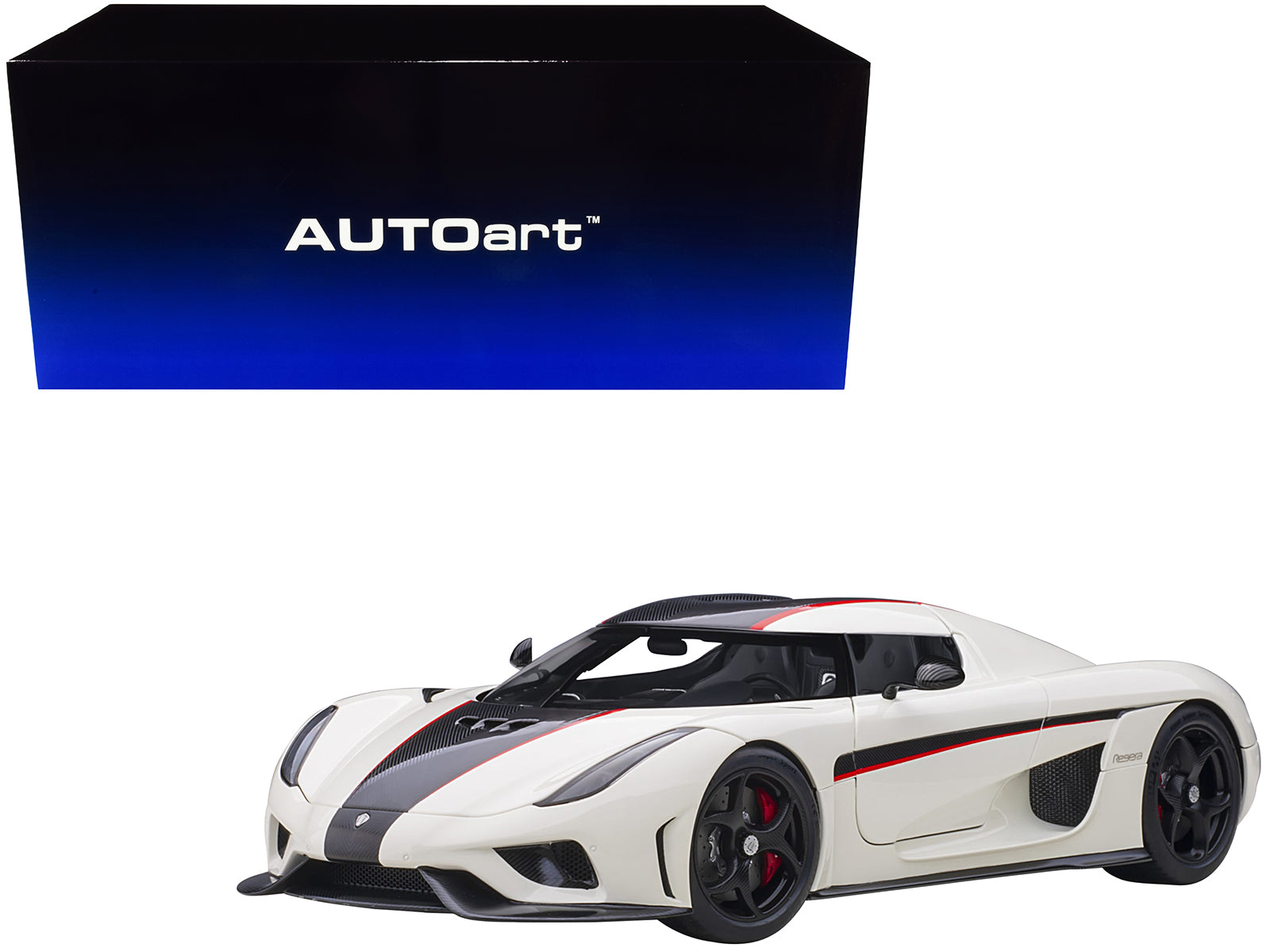 Koenigsegg Regera White with Black Carbon and Red Stripes 1/18 Model Car by Autoart