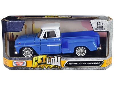 1966 GMC C1000 Fenderside Pickup Truck Lowrider Blue with White Top "Get Low" Series 1/24 Diecast Model Car by Motormax