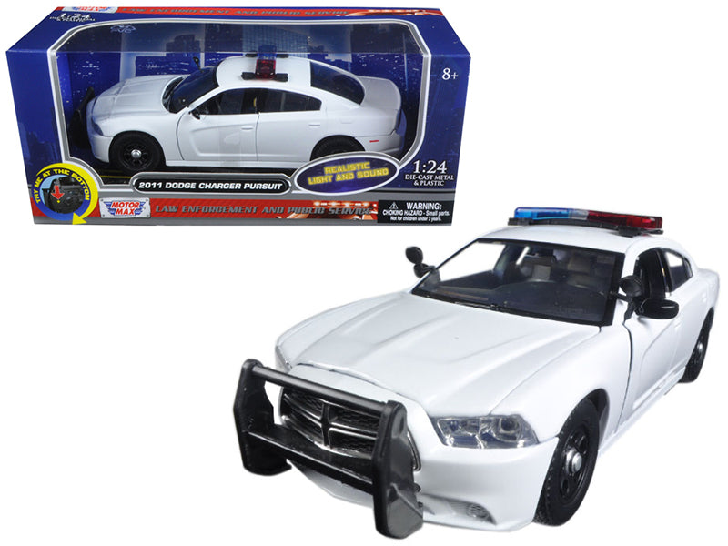 2011 Dodge Charger Pursuit Police Car White with Flashing Light Bar, Front and Rear Lights and 2 Sounds 1/24 Diecast Model Car by Motormax