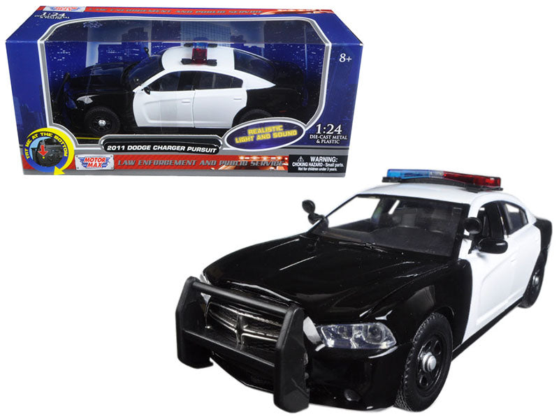 2011 Dodge Charger Pursuit Police Car Black and White with Flashing Light Bar and Front and Rear Lights and 2 Sounds 1/24 Diecast Model Car by Motormax