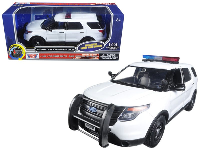 2015 Ford Police Interceptor Utility White with Flashing Light Bar and Front and Rear Lights and 2 Sounds 1/24 Diecast Model Car by Motormax