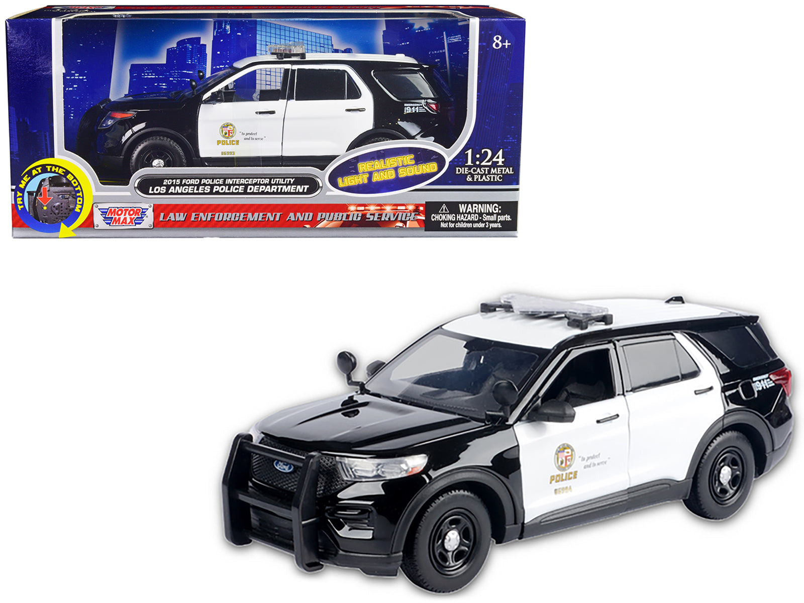 2015 Ford Police Interceptor Utility Black and White "Los Angeles Police Department (LAPD)" with Flashing Light Bar and Front and Rear Lights and Sounds 1/24 Diecast Model Car by Motormax