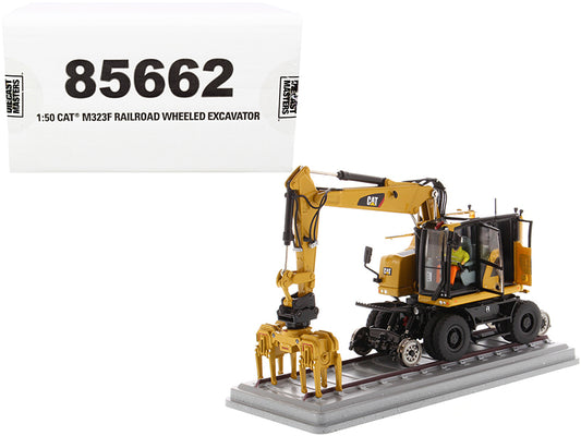 CAT Caterpillar M323F Railroad Wheeled Excavator with Operator and 3 Work Tools (CAT Yellow Version) "High Line Series" 1/50 Diecast Model by Diecast Masters