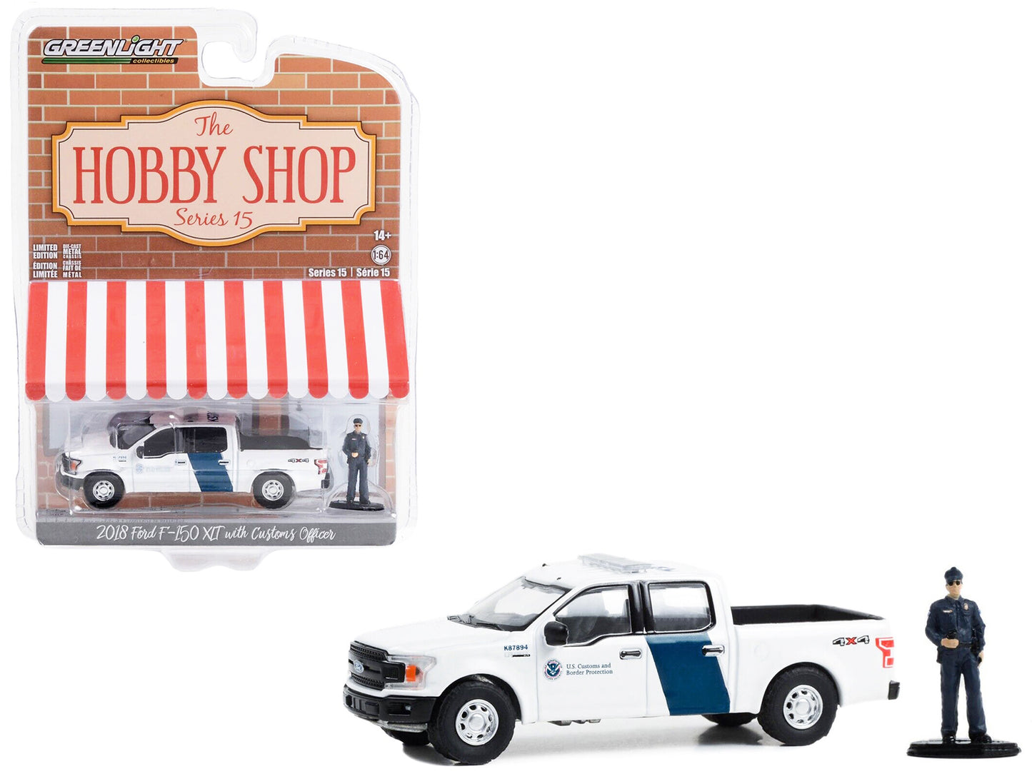 2018 Ford F-150 XLT Pickup Truck White With Blue Stripes "U.S. Customs and Border Protection" with Customs Officer Figure "The Hobby Shop" Series 15 1/64 Diecast Model Car by Greenlight