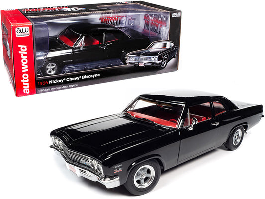 1966 Chevrolet Biscayne Nickey Coupe Tuxedo Black with Red Interior "American Muscle 30th Anniversary" (1991-2021) 1/18 Diecast Model Car by Auto World