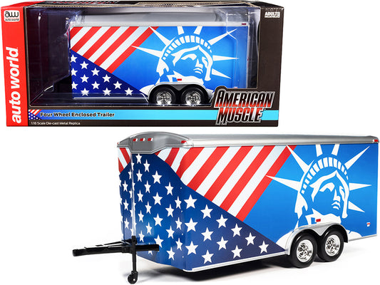 Four Wheel Enclosed Car Trailer Patriotic with Graphics for 1/18 Scale Model Cars by Auto World