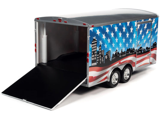 Four Wheel Enclosed Car Trailer Patriotic "Brave and Bold" with Graphics for 1/18 Scale Model Cars by Auto World