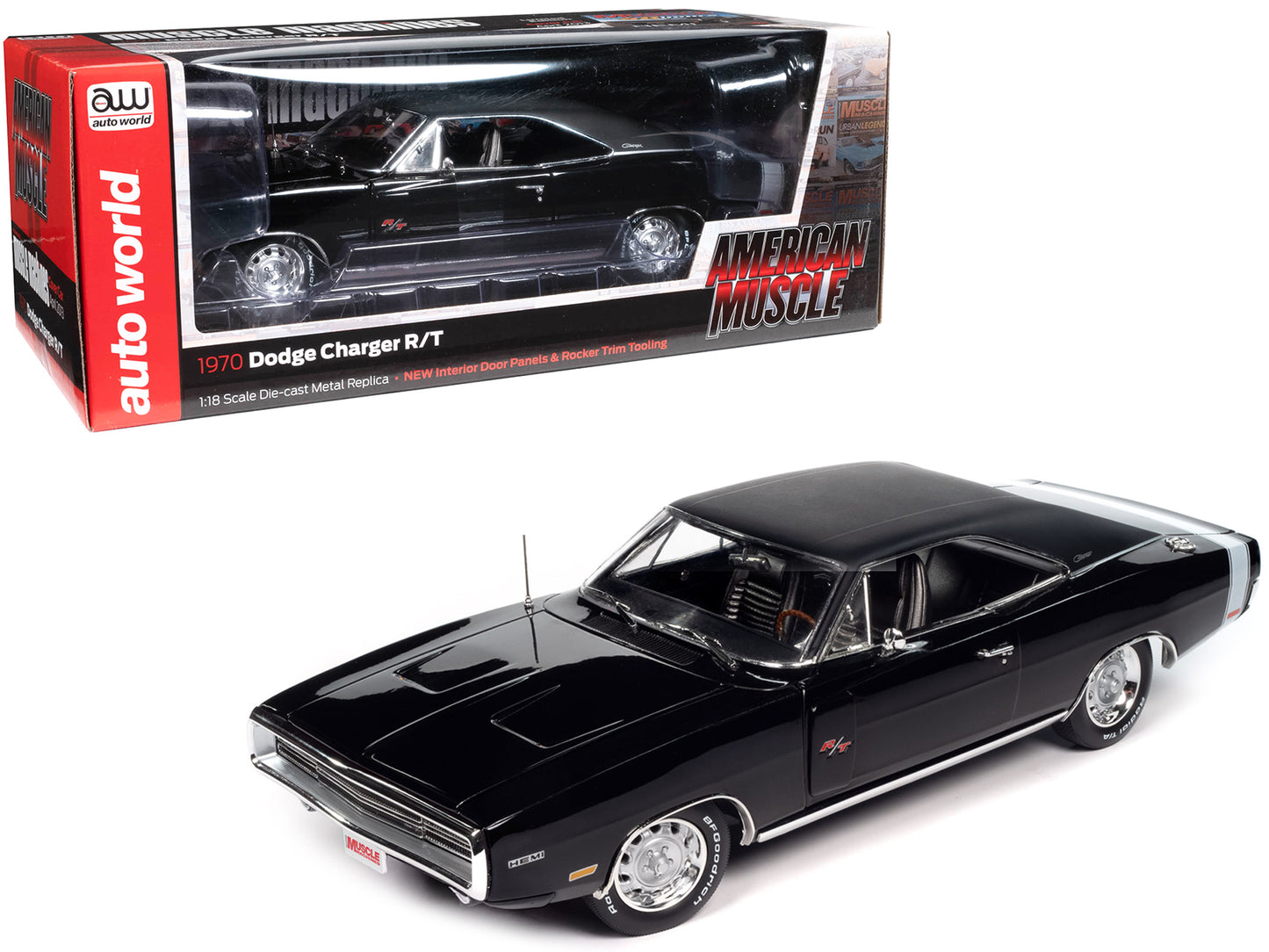 1970 Dodge Charger R/T Black with White Tail Stripe "Hemmings Muscle Machines Magazine Cover Car" (April 2013) "American Muscle" Series 1/18 Diecast Model Car by Auto World