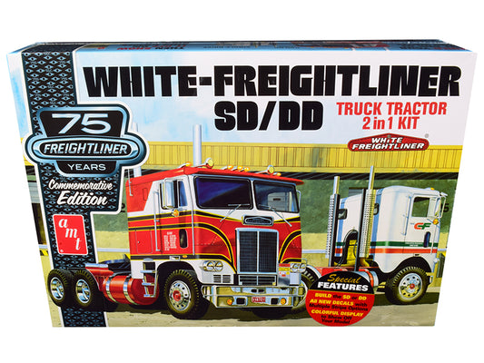 Skill 3 Model Kit White Freightliner SD/DD Truck Tractor 2-in-1 Kit with Display Base "75th Freightliner Anniversary" Commemorative Edition 1/25 Scale Model by AMT