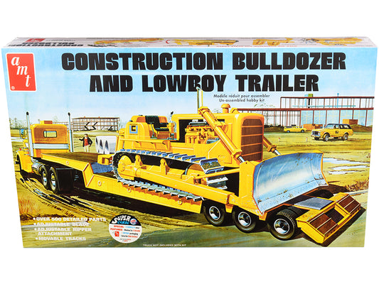 Skill 3 Model Kit Construction Bulldozer and Lowboy Trailer Set of 2 pieces 1/25 Scale Model by AMT