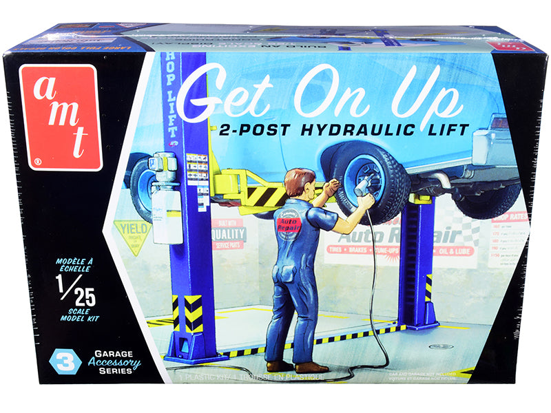 Skill 2 Model Kit Garage Accessory Set #3 (2-Post Hydraulic Lift) with Figurine "Get On Up" 1/25 Scale Model by AMT