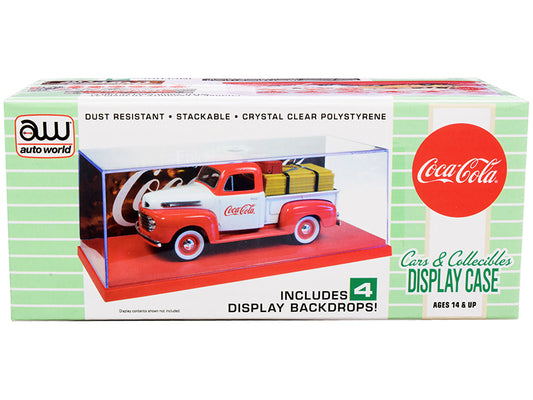Collectible Acrylic Display Show Case with Red Plastic Base and 4 "Coca-Cola" Display Backdrops for 1/43 Scale Model Cars by Auto World