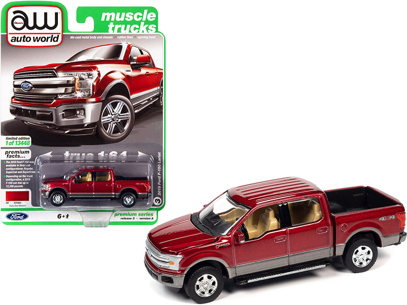 2019 Ford F-150 Lariat 4x4 Pickup Truck Ruby Red Metallic and Magnetic Gray "Muscle Trucks" Limited Edition to 13448 pieces Worldwide 1/64 Diecast Model Car by Auto World