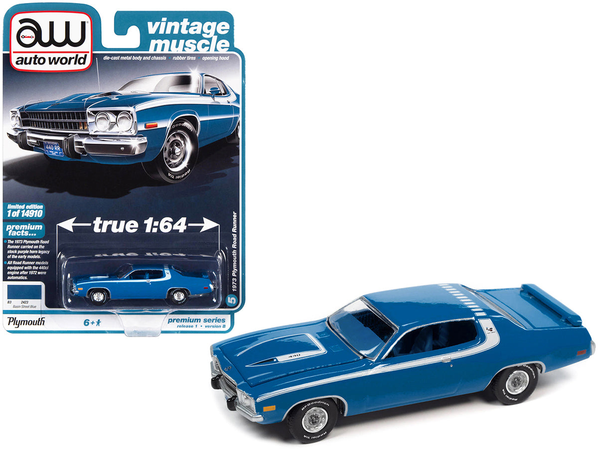 1973 Plymouth Road Runner 440 Basin Street Blue with White Stripes and Blue Interior "Vintage Muscle" Limited Edition to 14910 pieces Worldwide 1/64 Diecast Model Car by Auto World