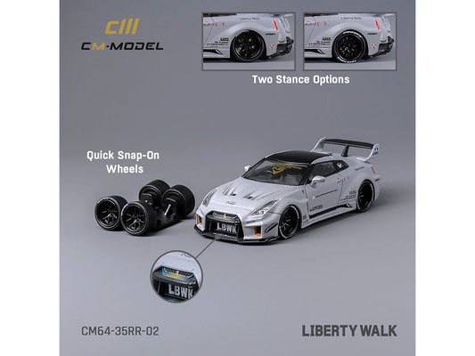 Nissan 35GT-RR LB-Silhouette Works GT RHD (Right Hand Drive) "Liberty Walk" Matt Gray with Black Top and Extra Wheels 1/64 Diecast Model Car by CM Models