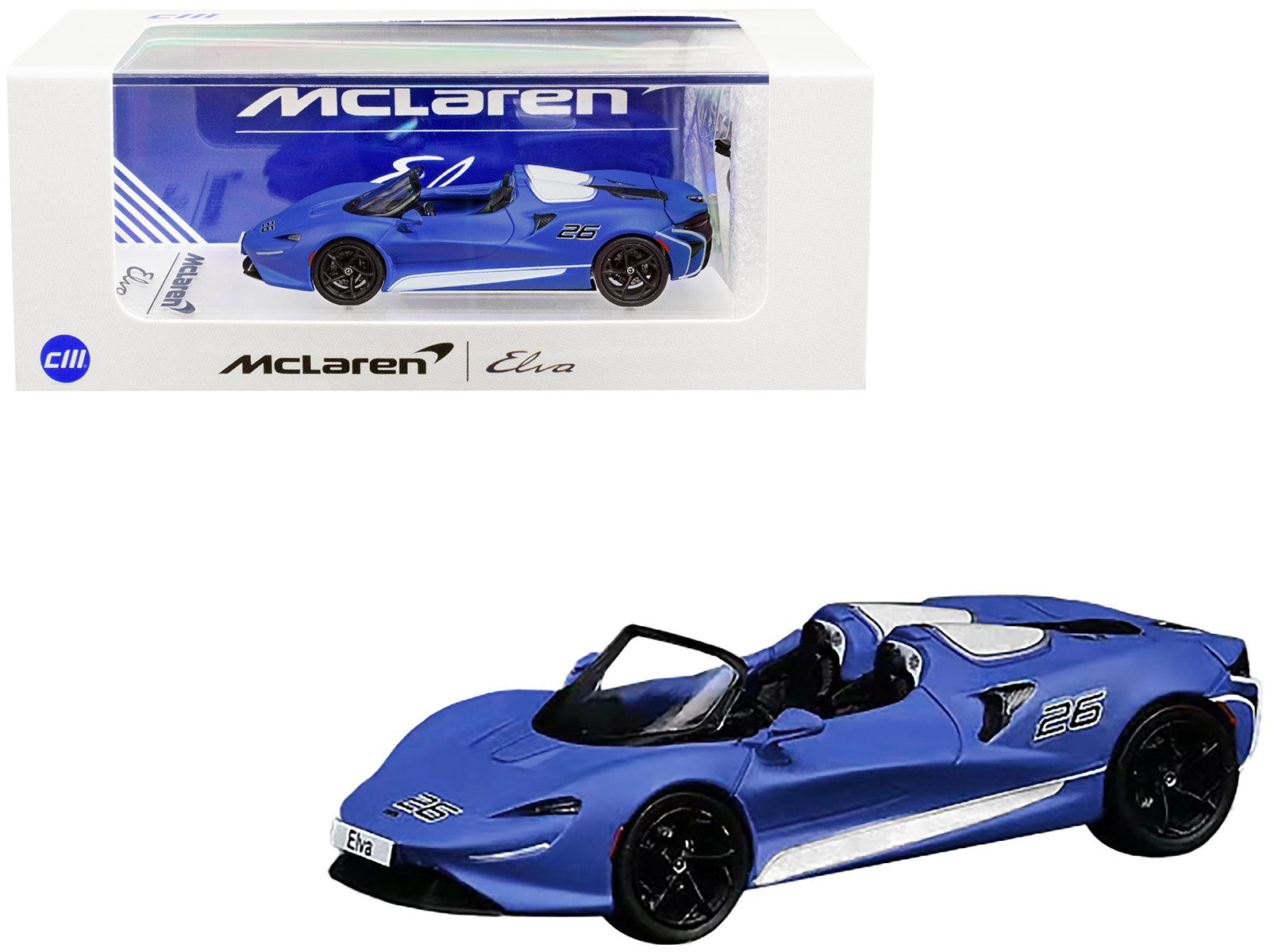 McLaren Elva Convertible #26 Matt Blue with White Stripes and Extra Wheels 1/64 Diecast Model Car by CM Models