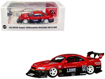 Nissan Skyline LB-ER34 Super Silhouette #9 RHD (Right Hand Drive) "Liberty Walk" Red and Black with Extra Wheels 1/64 Diecast Model Car by CM Models