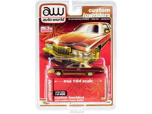 1976 Cadillac Coupe DeVille Burgundy and Cream with Gold Wheels "Custom Lowriders" Limited Edition to 4800 pieces Worldwide 1/64 Diecast Model Car by Auto World