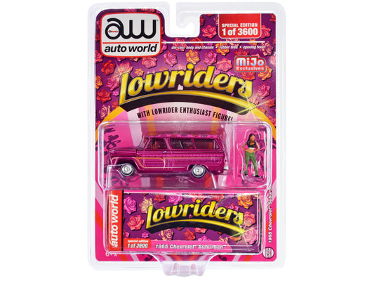 1965 Chevrolet Suburban Lowrider Magenta Metallic with Graphics and "American Diorama" Lowrider Enthusiast Diecast Figure "Lowriders" Limited Edition to 3600 pieces Worldwide 1/64 Diecast Model Car by Auto World