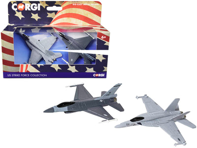 General Dynamics F-16 Fighting Falcon Fighter Aircraft and McDonnell Douglas F/A-18 Super Hornet Fighter Aircraft Set of 2 Pieces "US Strike Force Collection" Diecast Models by Corgi