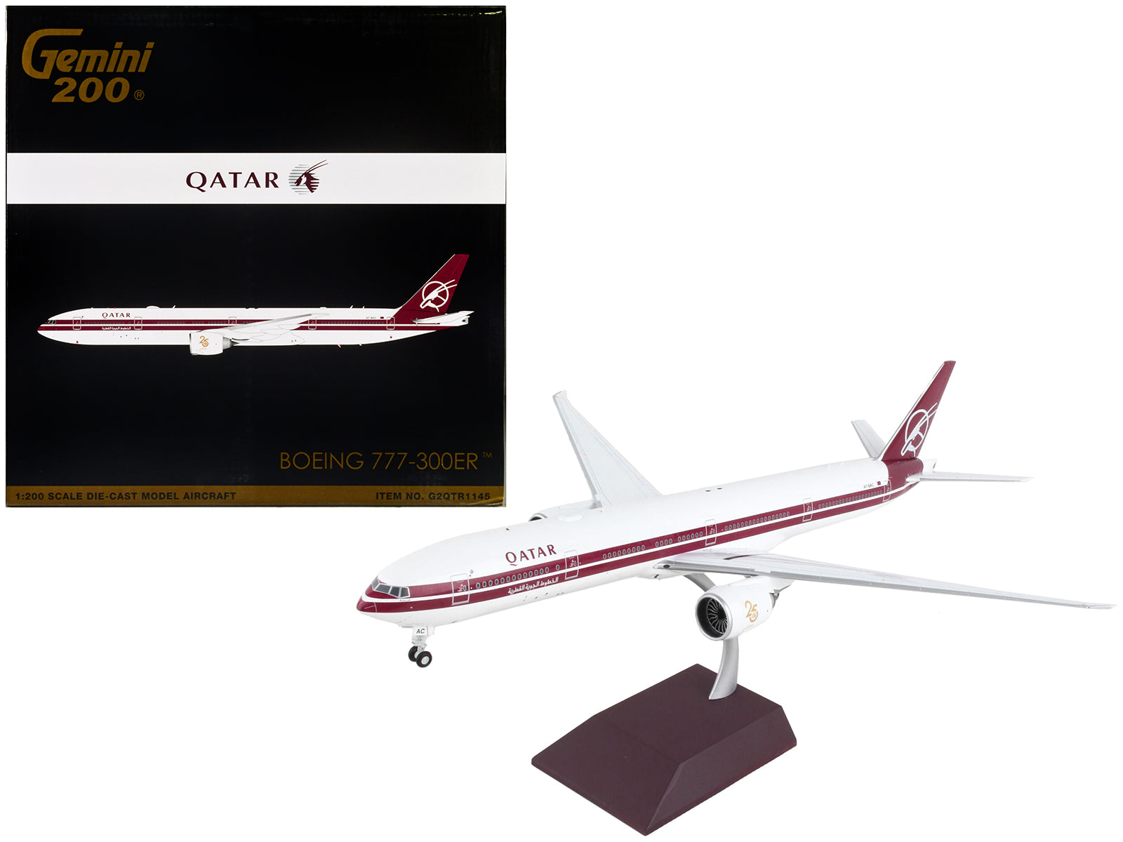 Boeing 777-300ER Commercial Aircraft "Qatar Airways" White with Dark Red Stripes "Gemini 200" Series 1/200 Diecast Model Airplane by GeminiJets