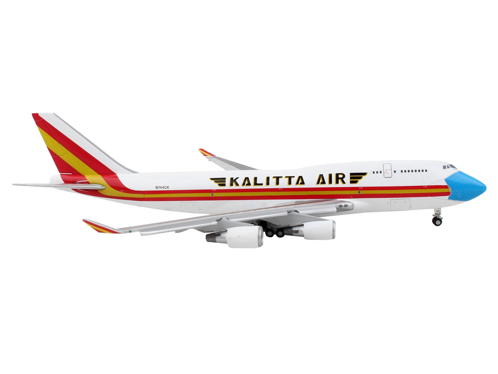 Boeing 747-400F Commercial Aircraft with Flaps Down "Kalitta Air" White with Stripes "Mask" Livery 1/400 Diecast Model Airplane by GeminiJets