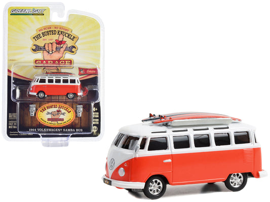 1964 Volkswagen Samba Bus Orange and White with Surfboards "The Busted Knuckle Garage Service & Sales" "Busted Knuckle Garage" Series 2 1/64 Diecast Model Car by Greenlight