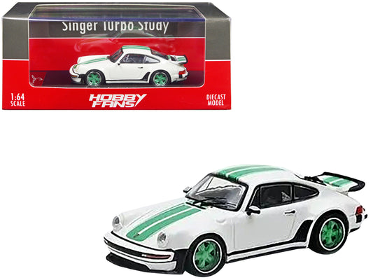 Singer Turbo Study White with Green Stripes and Wheels 1/64 Diecast Model Car by Hobby Fans