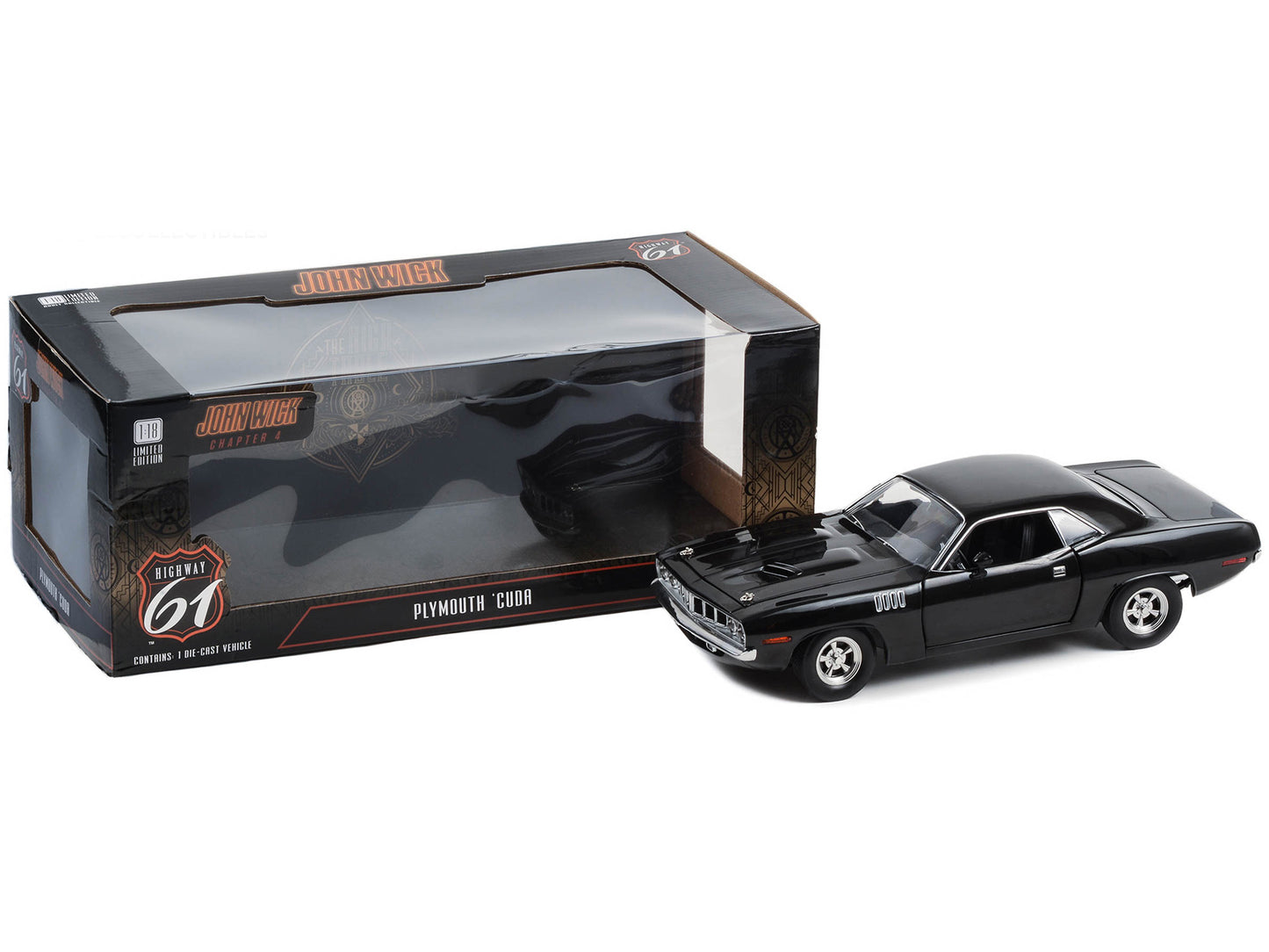 Plymouth Barracuda Black "John Wick: Chapter 4" (2023) Movie 1/18 Diecast Model Car by Highway 61
