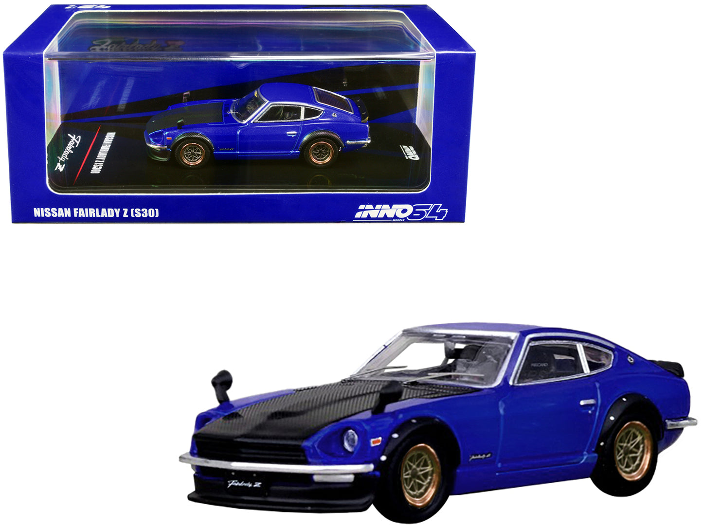 Nissan Fairlady Z (S30) RHD (Right Hand Drive) Blue Metallic with Carbon Hood 1/64 Diecast Model Car by Inno Models