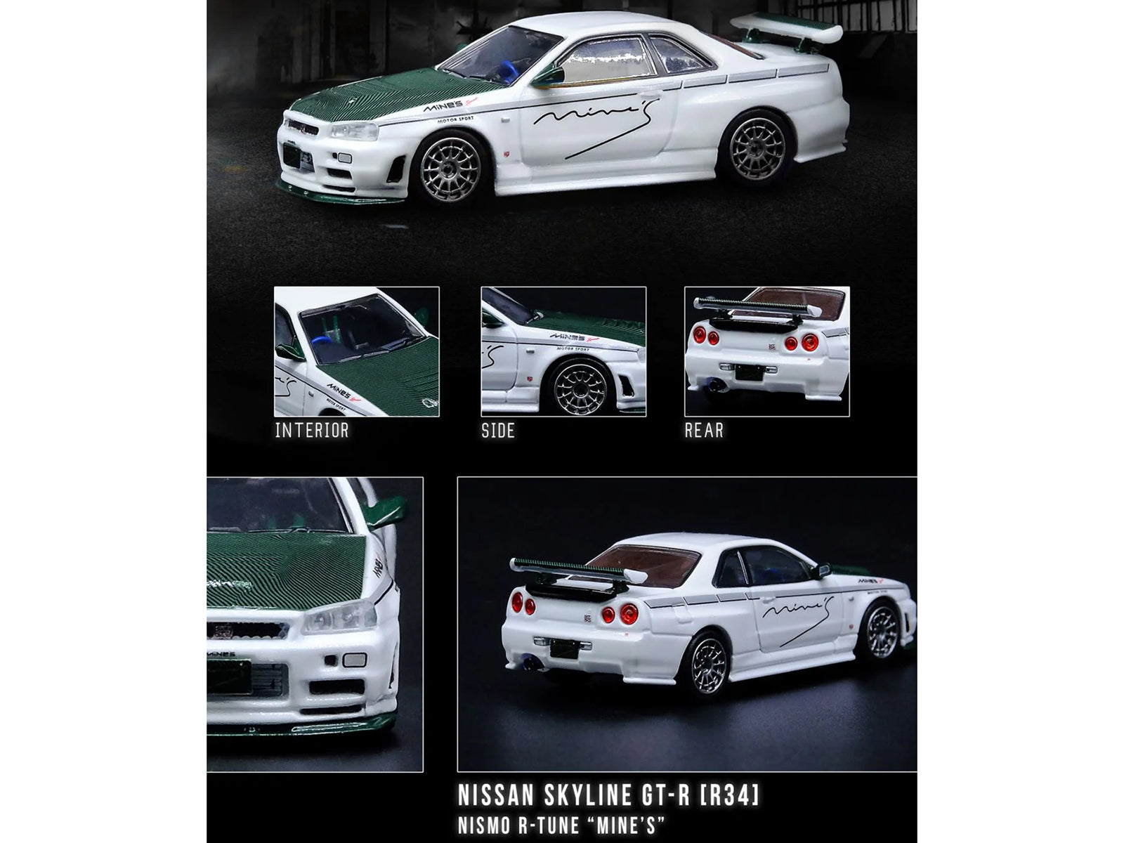 Nissan Skyline GT-R (R34) Nismo R-Tune RHD (Right Hand Drive) White with Green Carbon Hood "Tuned by Mine's" 1/64 Diecast Model Car by Inno Models