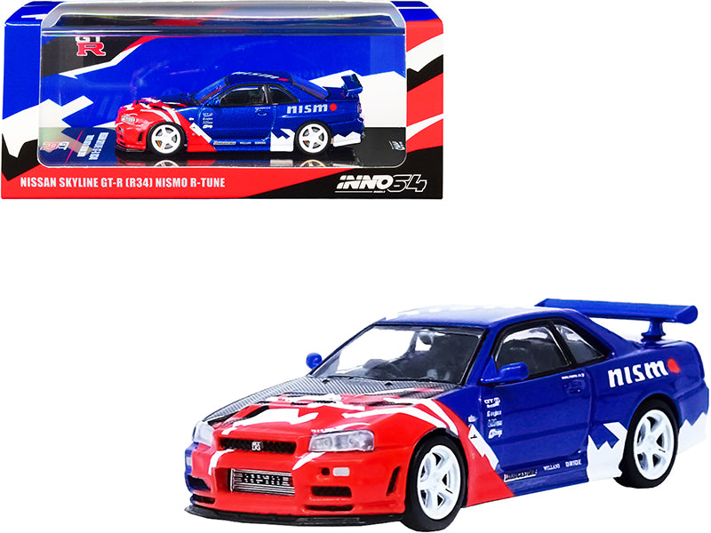 Nissan Skyline GT-R (R34) Nismo R-Tune Concept RHD (Right Hand Drive) Blue Metallic with Carbon Hood with Red and White Graphics "Tokyo Auto Salon 2000" 1/64 Diecast Model Car by Inno Models