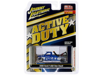 1999 Ford F-450 Police Tow Truck Blue with White Stripes "Active Duty" Limited Edition to 2400 pieces Worldwide 1/64 Diecast Model by Johnny Lightning