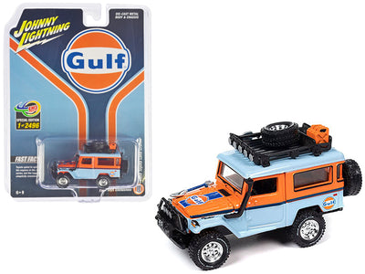 1980 Toyota Land Cruiser Light Blue and Orange "Gulf Oil" with Roof Rack Limited Edition to 2496 pieces Worldwide 1/64 Diecast Model Car by Johnny Lightning