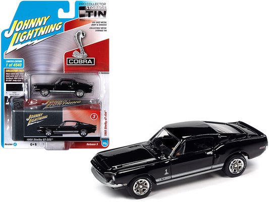 1968 Ford Mustang Shelby GT-350 Raven Black with White Stripes and Collector Tin Limited Edition to 4540 pieces Worldwide 1/64 Diecast Model Car by Johnny Lightning