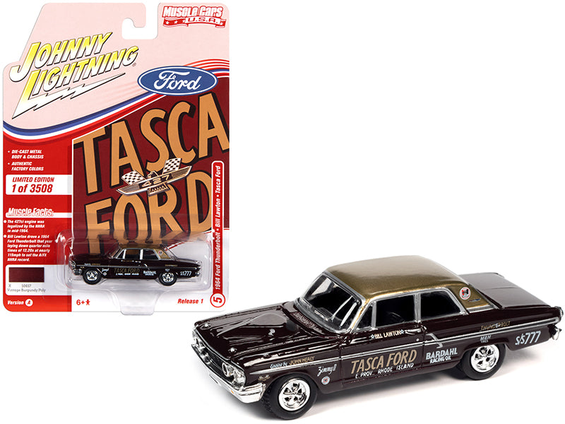 1964 Ford Thunderbolt Bill Lawton "Tasca" Vintage Burgundy Metallic with Gold Top and Race Graphics Limited Edition to 3508 pieces Worldwide "Muscle Cars USA" Series 1/64 Diecast Model Car by Johnny Lightning