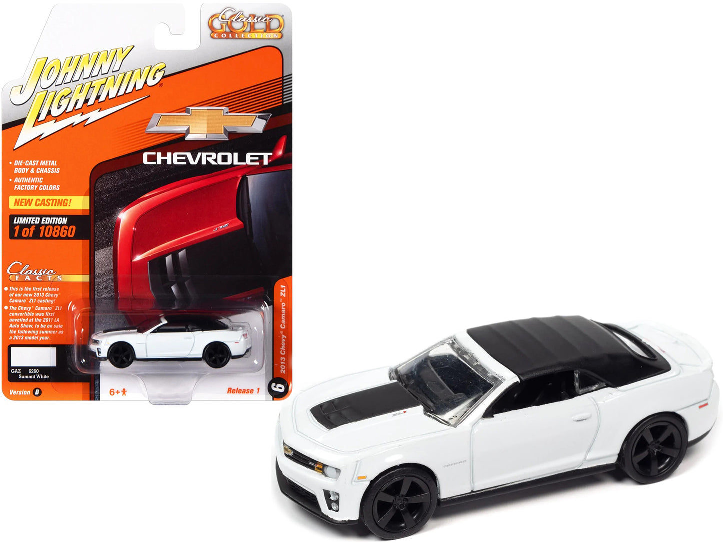 2013 Chevrolet Camaro ZL1 Convertible (Top Up) Summit White with Black Top "Classic Gold Collection" Series Limited Edition to 10860 pieces Worldwide 1/64 Diecast Model Car by Johnny Lightning