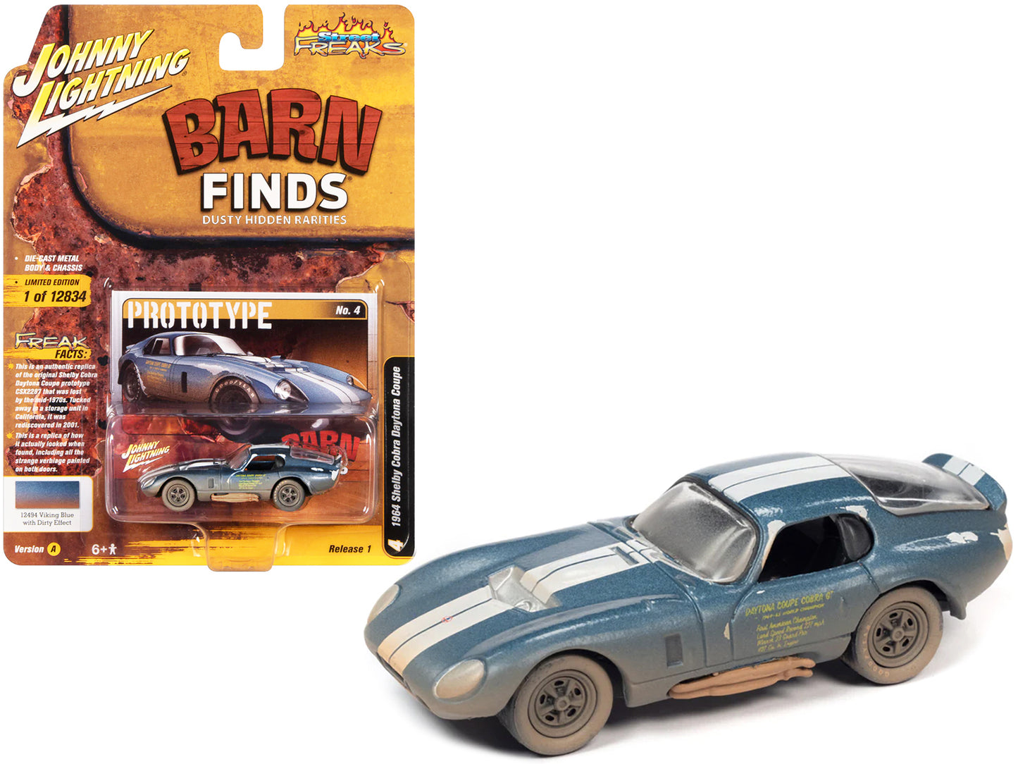 1964 Shelby Cobra Daytona Coupe Viking Blue Metallic with White Stripes (Weathered) "Barn Finds" Limited Edition to 12834 pieces Worldwide "Street Freaks" Series 1/64 Diecast Model Car by Johnny Lightning